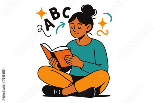 Serene Reading Moment. Relaxed Style. A girl sitting cross-legged with a messy bun, reading a book. Abstract floating letters and soft spark shapes around her