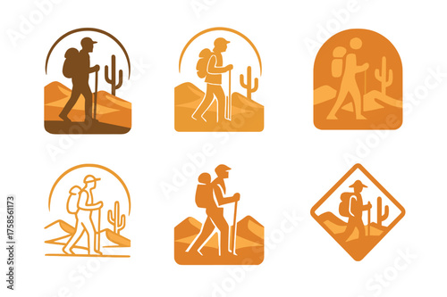 Desert Tourism Logos. Desert tourism and exploring arid landscapes. Set Logo of Desert tourism: desert explorer with backpack. harmonious logo variations of