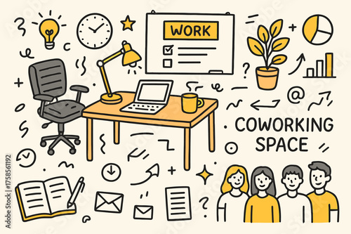Colorful Office Doodles. Coworking Space. Hand-drawn doodle illustration desk (colored), laptop, coffee cup (colored), office chair, lamp (colored), books,