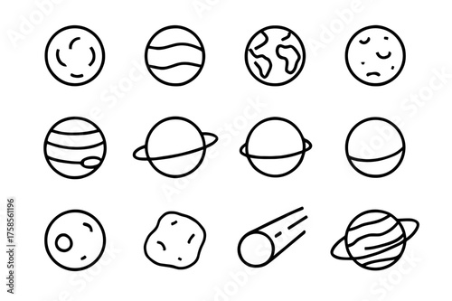 Planet Icon Grid. Planets. Line icon set of Planets: Mercury, Venus, Earth, Mars, Jupiter, Saturn, Uranus, Neptune, Pluto, asteroid, comet, exoplanet. All