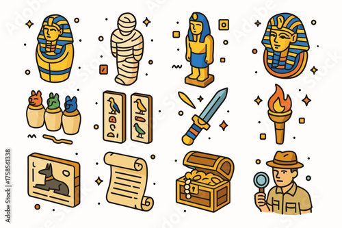 Pharaoh Burial Icons. Pharaoh burial. Colorful isometric vector icons set of pharaoh burial: sarcophagus, mummy, pharaoh statue, burial mask, canopic jars,