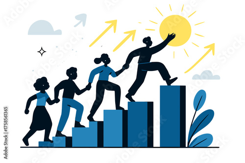 Economic Growth Progress. Developing countries? economic growth. Rising bar chart with silhouettes of people climbing higher steps. Bright sun and glowing