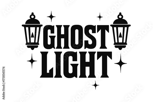 Ghost Light Design. Ghost Light ? Bold Block Lettering, stacked uppercase with chunky geometric serifs, heavy outline and flat 3D shading, framed with lantern