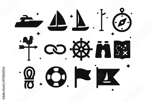 Nautical Icons Collection. Sailing. Solid icons set of sailing: yacht, sailboat, mast, compass, wind vane, knot, helm wheel, binoculars, rope, lifebuoy, flag,