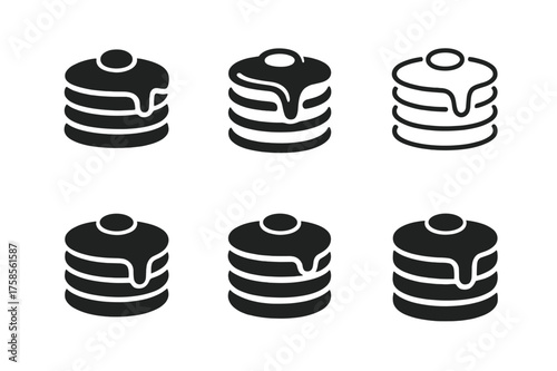 Pancake Logo Variations. Making pancakes on a cold morning. Set Logo of Food: pancake stack silhouette icon. harmonious logo variations of the same emblematic