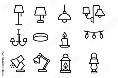 Interior Lighting Icons. Interior lighting. Line icon set of Interior lighting: floor lamp, table lamp, pendant light, wall sconce, chandelier, ceiling light,