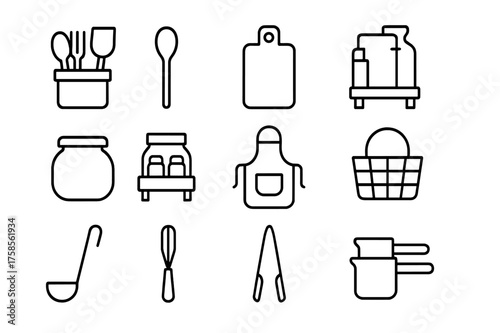 Kitchen Icon Set. Kitchen organization. Line icon set of Kitchen organization: utensil holder, wooden spoon, cutting board, rolling pin, jar, spice rack,