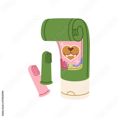 Tube of dog toothpaste and two silicone finger toothbrushes, designed for easy and effective cleaning of a dog's teeth. Pet care, tools for canine dental hygiene. Vector flat illustration.