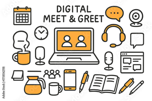 Digital Meet & Greet. Digital Meet & Greet. Hand-drawn doodle illustration digital meet & greet laptop (accented), coffee mug, headset (accented), webcam, chat