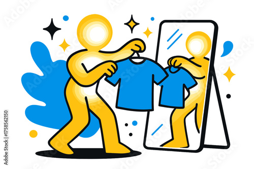 Sparkling Self-Expression. Trying on clothes. A glowing figure looking in a mirror while holding up a shirt, abstract floating sparkles and stars symbolizing