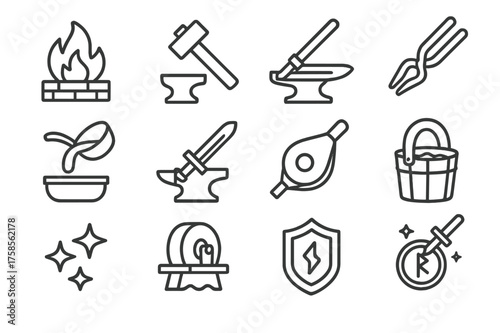 Fantasy Blacksmith Icon Set. Fantasy blacksmithing. Line icon set of Fantasy blacksmithing: forge fire, hammer, anvil, tongs, molten metal, blade in progress,