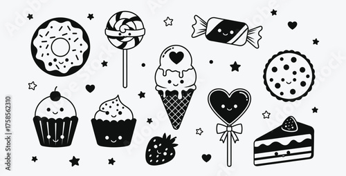 Cute monochrome sweets and desserts pattern featuring donut lollipop ice cream and cupcakes art