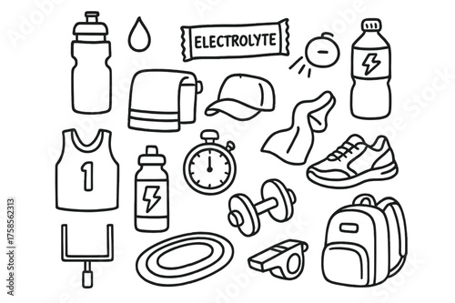 Sports Hydration Essentials. Sports hydration. Hand-drawn doodle illustration sports hydration sports bottle, energy drink, electrolyte packet, sweat droplet,