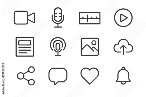 Content Creation Icons. Content creation. Line icon set of Content creation: video camera, microphone, editing timeline, play button, blog page, podcast icon,