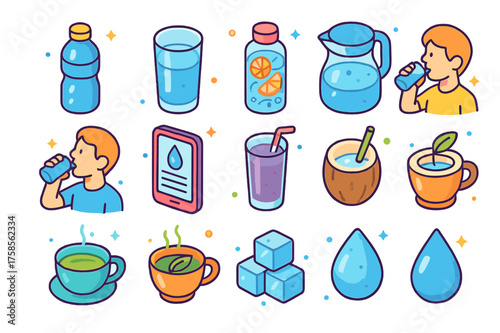Colorful Hydration Icons. Hydration. Colorful isometric vector icons set of hydration: water bottle, glass of water, fruit infused water, water jug, person