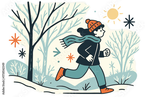 Frosty Woodland Dance. Silent woods. Bare tree branches coated with frost glow under a pale winter sun. Small abstract spark shapes hover in the cold air.