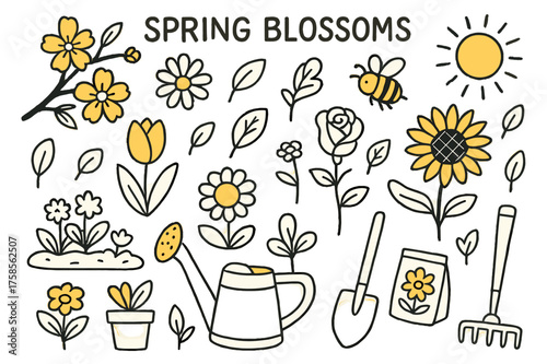 Spring Blossoms Doodle. Spring Blossoms. Hand-drawn doodle illustration spring blossoms cherry blossom (accented), tulip, daisy (accented), rose, sunflower