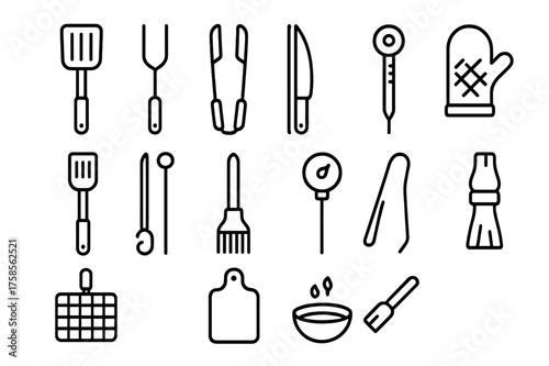 Grill Utensil Icons. Grill utensils. Line icon set of Grill utensils: spatula, fork, tongs, knife, basting brush, skewers, meat thermometer, grill glove, grill