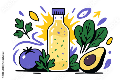 Vibrant Kitchen Scene. Kitchen preparation. Glowing bottle of creamy dressing next to fresh herbs and vegetables, abstract floating droplets and light trails