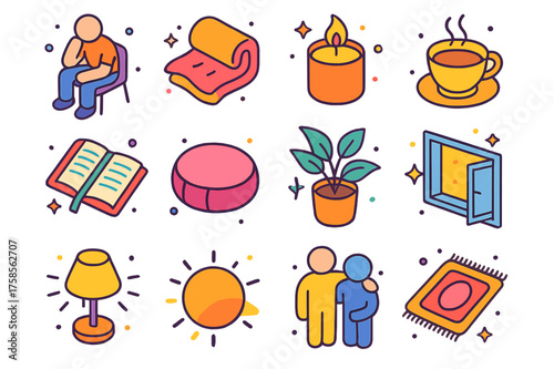 Coping Strategy Icons. Coping strategies. Colorful isometric vector icons set of coping strategies: person reflecting, soft blanket, candle, cup of tea,