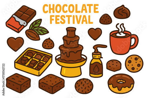 Chocolate Festival Icons. Chocolate Festival. Colorful Hand-drawn doodle Children illustration Chocolate Festival chocolate bar, truffle, hot chocolate mug,