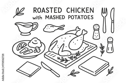 Roasted Chicken Illustration. Roasted Chicken with Mashed Potatoes. Hand-drawn doodle illustration roasted chicken with a side of mashed potatoes whole roasted