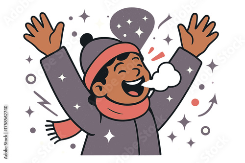 Joyful Winter Scene. Snow Breath. A child laughing with visible frosty breath, arms raised as snow falls. Sparkling icy particles floating like stars. Modern