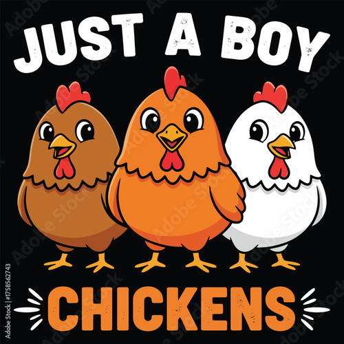 Three cartoon chickens standing together with the text just a boy chickens on a black background