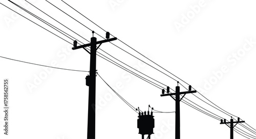 Silhouette illustration of electric power poles with transformer and cables, high voltage energy distribution system vector art, black urban infrastructure design