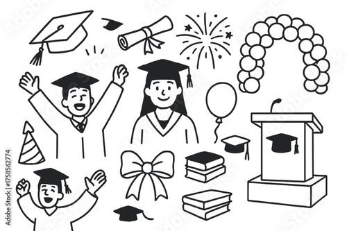 Graduation Celebration Icons. Graduation celebration. Hand-drawn doodle illustration celebrating a graduation with a cap toss cap in air, diploma case,
