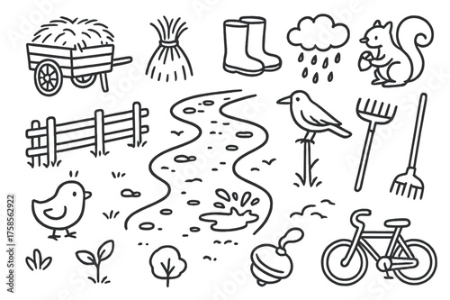 Rustic Farm Elements. Mud Path. Hand-drawn doodle illustration mud path farmer cart, hay bundle, fence rail, puddle splash, rain boot, chick, leaf sprout,
