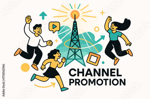 Dynamic Broadcast Promotion. Channel promotion. Glowing TV tower with abstract floating beams and light lines, geometric shapes emphasizing broadcast and brand