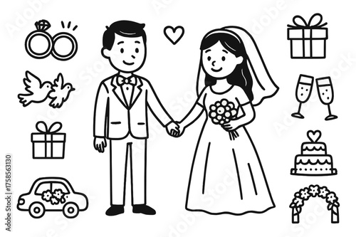 Wedding Doodle Illustration. Bride and groom holding hands. Hand-drawn doodle illustration bride and groom holding hands wedding rings, bouquet, veil, tuxedo,