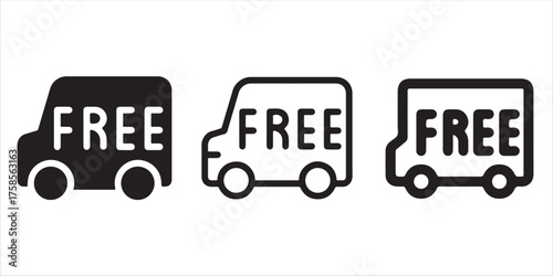 Free delivery van icon set for business advertising and promotion featuring express shipping and special offers for online shopping campaigns