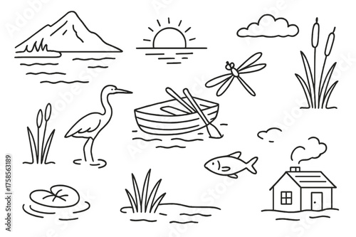 Lake Doodle Elements. Lakes. Hand-drawn doodle illustration lakes mountain lake, boat with oars, heron bird, cattail plants, dragonfly, fish outline, ripples,