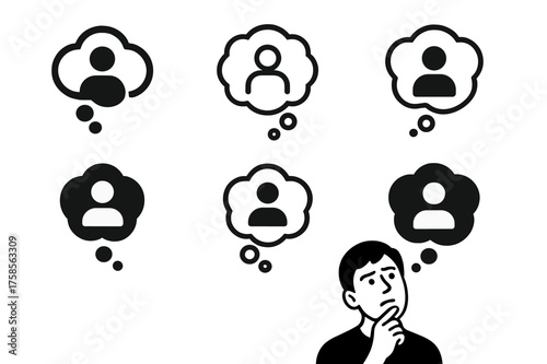 Contemplative Emblem Variations. A person with a thoughtful expression, looking up as if contemplating their thoughts. Set Logo of Emotion: thought bubble with