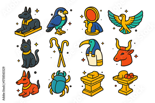Egyptian Gods Icons. Egyptian gods. Colorful isometric vector icons set of Egyptian gods: Anubis statue, Horus falcon, Ra sun disk, Isis wings, Bastet cat,