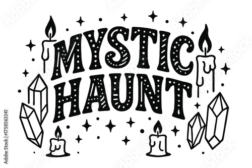 Mystic Haunt Display. Mystic Haunt ? Decorative Display Lettering, playful stylized letters patterned with dots and stripes, curved word-shape, framed by