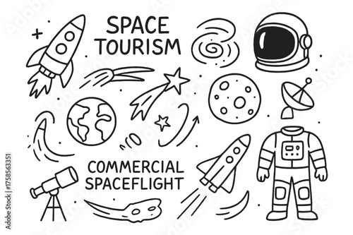 Space Tourism Icons. Space tourism and commercial spaceflight. Hand-drawn doodle illustration space tourism and commercial spaceflight rocket flying, astronaut