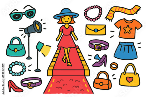 Fashion Doodle Extravaganza. Runway. Colorful Hand-drawn doodle Children illustration Spotlight, dress, heels, hat, clutch, necklace, scarf, sunglasses, belt,