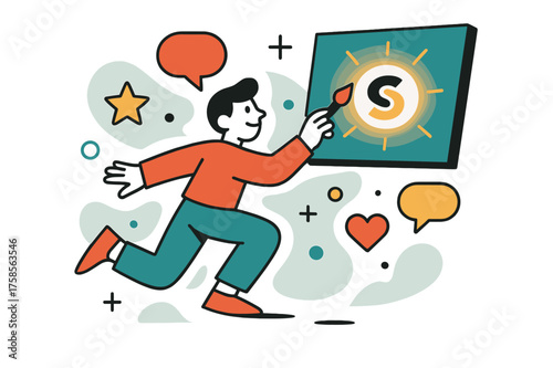 Logo Creation Magic. Brand identity. A character painting a glowing logo onto a floating board while abstract speech bubbles, stars, and hearts orbit around