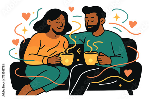 Intimate Evening Tea. Evening tea. Glowing cups of tea shared by a couple on a sofa, abstract floating hearts and light trails emphasizing intimacy and quiet