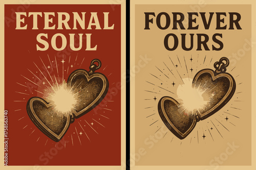 Eternal Soul Banners. Eternal Soul. Two vertical A6 banners, retro, red and beige backgrounds, vintage locket emitting ethereal light and tiny star dust, first