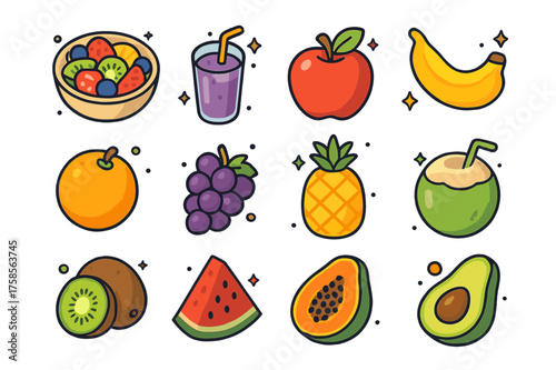 Vibrant Healthy Icons. Healthy Lifestyle. Colorful isometric vector icons set of healthy lifestyle: fruit salad, smoothie glass, apple, banana, orange, grapes,
