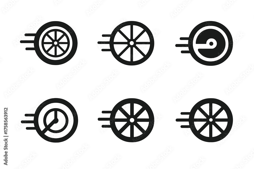 Obraz premium Urban Bike Logos. A person using a city bike-sharing program, riding through urban streets. Set Logo of Urban bike-sharing: bicycle wheel motion. harmonious