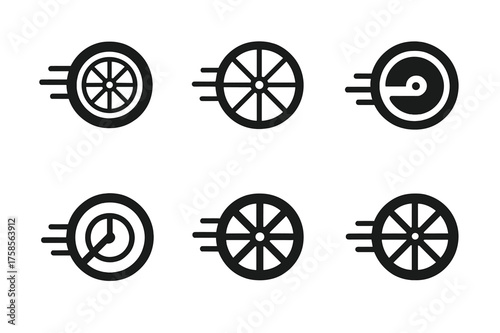 Urban Bike Logos. A person using a city bike-sharing program, riding through urban streets. Set Logo of Urban bike-sharing: bicycle wheel motion. harmonious