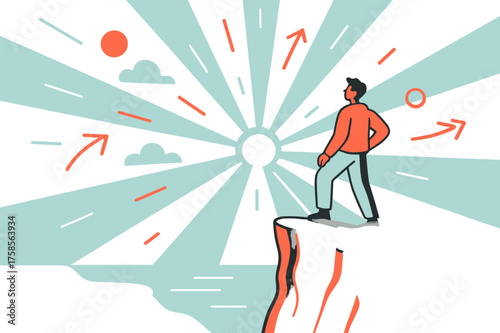 Dramatic Cliffside Perspective. Cliff-side views. A figure standing on the edge of a high cliff, gazing at the vast horizon with abstract rays spreading