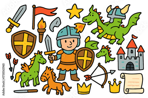 Heroic Doodle Elements. Hero. Colorful Hand-drawn doodle Children illustration Sword, shield, helmet, armor, dragon, flag, torch, castle, bow, arrows, star,