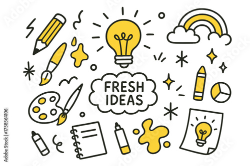 Creative Doodle Elements. Fresh Ideas. Hand-drawn doodle illustration fresh ideas light bulb (accented), rainbow, pencil (accented), paintbrush, paint splashes