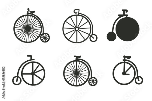 Vintage Bicycle Logos. Old Bicycle. Set Logo of Vintage bicycle: penny-farthing. harmonious logo variations of the same emblematic concept, each with different